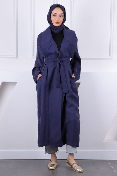 İmajButik Μπλε ναυτικό διπλό γιακά με ζώνη Modal Trench Coat