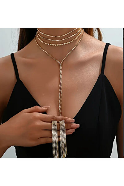 Genel Markalar Choker Sallantılı Küpeli Şık Tasarım Abiye Set Gerdanlık Takım