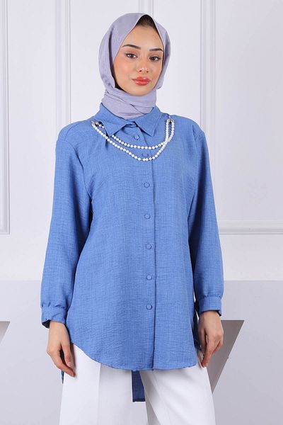 İmajButik Λινό πουκάμισο με κολιέ Indigo Pearl