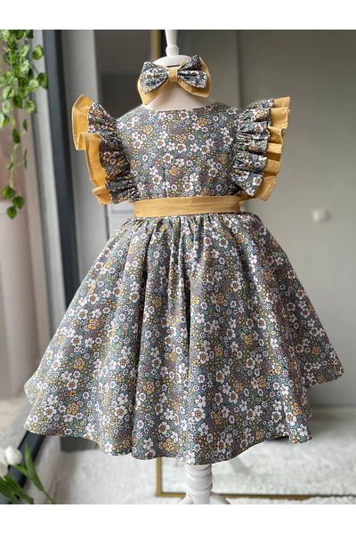 Sare Çocuk Giyim Yellow Floral Mixed Dress and 100% Cotton for Toca