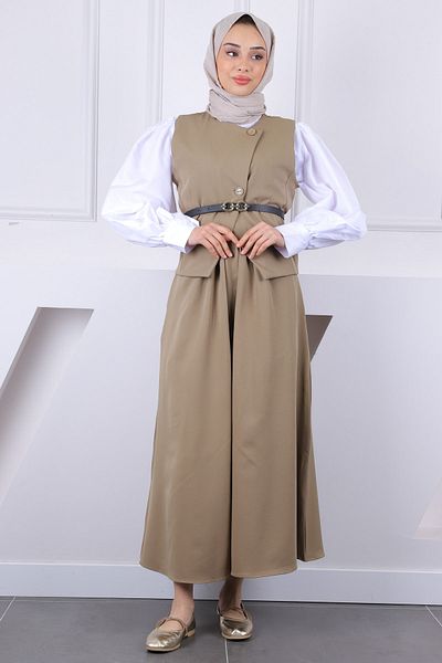 İmajButik Costum cu fustă cu vestă cu centură kaki