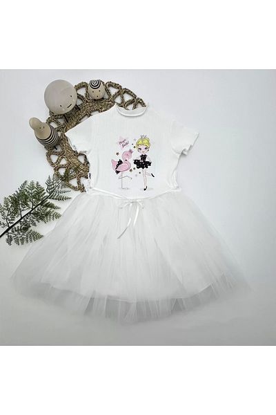 Marsilyan Flamingo Ballerina Girl Printed Ribbon Belted Lined Girl's Tutu Dress White