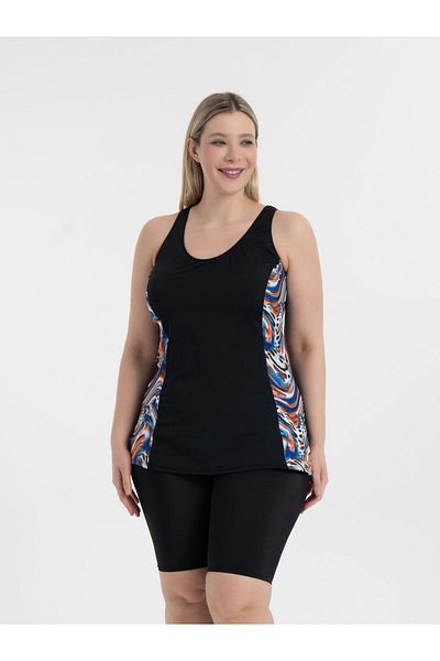 AQUAVİVA Aquaviva Women's Black Blue Orange Pattern Plus Size Tankini with Shorts