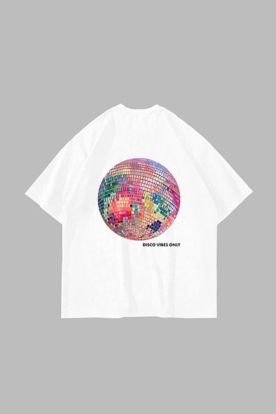 Sekizbiraltı Disco Vibes Only Printed Oversize Unisex Λευκό Tshirt