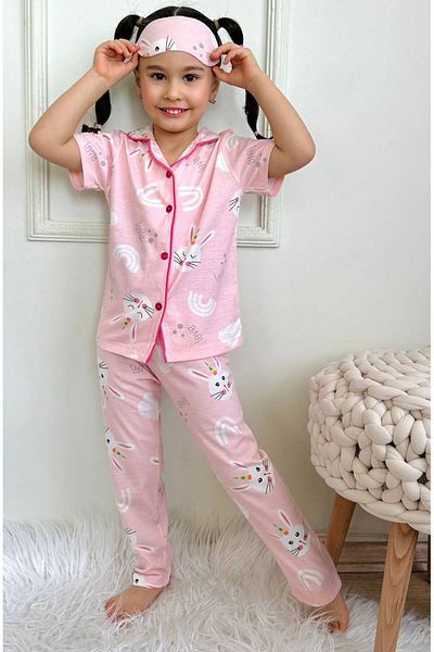 demir kids Rabbit Patterned Pink Front Buttoned Eye Banded Summer (Short Sleeve) Girls' Pajama Set