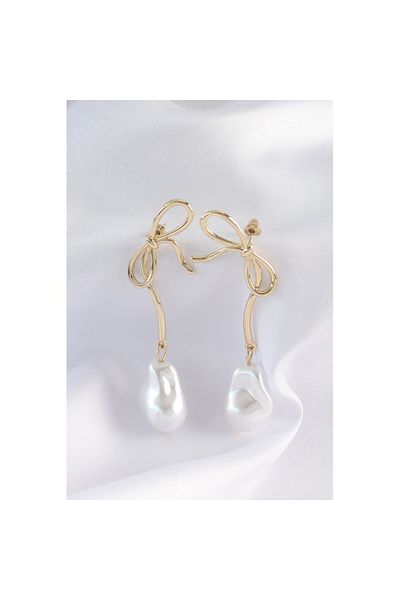 Skygo Brass Gold Pearl Jewelled Long Earrings - Bow Model TJ-BKP8923