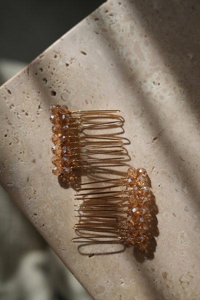 İstoria Bridal 2 Pieces Gold-Mink Comb Buckle, Gold Comb Buckle, Engagement-Wedding Hair Accessory