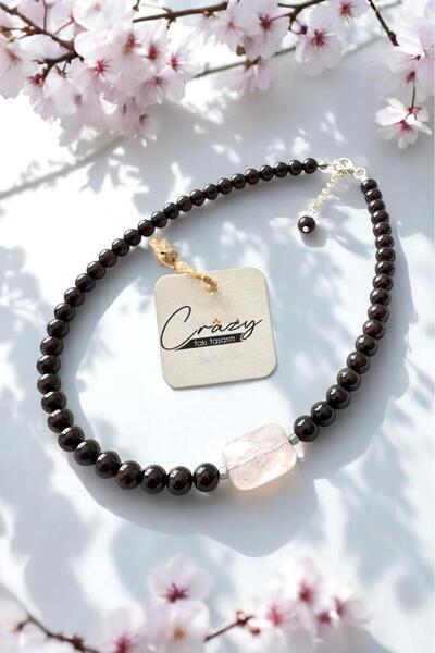 CRAZY TAKI TASARIM 7 MM HAKİKİ GARNET & PEMBE KUVARS DOĞALTAŞLI 925 AYAR GÜMÜ...