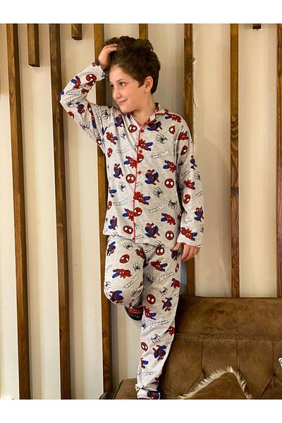 demir kids Σετ πιτζάμες Spiderman με στάμπα γκρι μπροστινό κουμπιά εποχιακής αγοριού