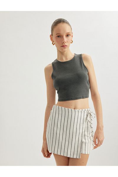 Koton Linen Blended Striped Shorts Skirt with Binding Detail