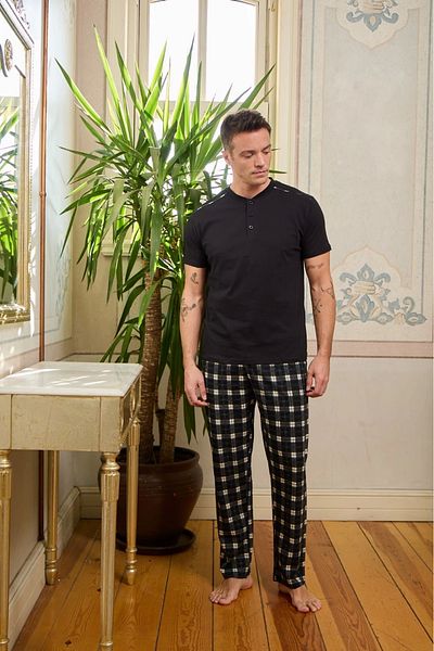 Pijamoni Combed Cotton Fabric Men's Black Pajama Set - 6860