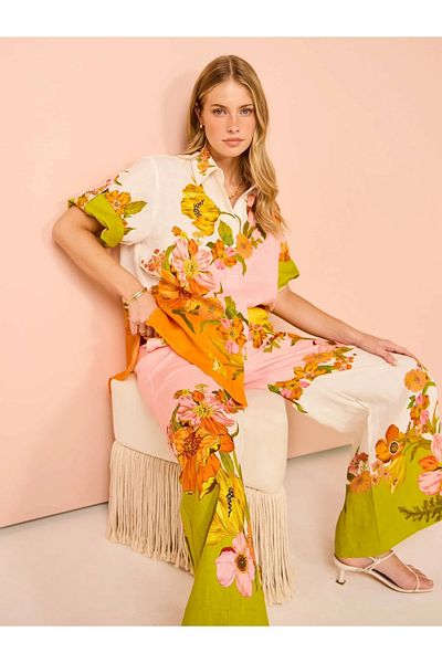 Julidress Multicolored Floral Patterned Patterned Shirt Pants Bottom Top Premium Linen Set
