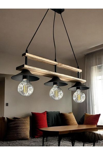 ONUR AVİZE Honor Chandelier - Retro Rustic Wooden 3-piece Pendant Lamp Set