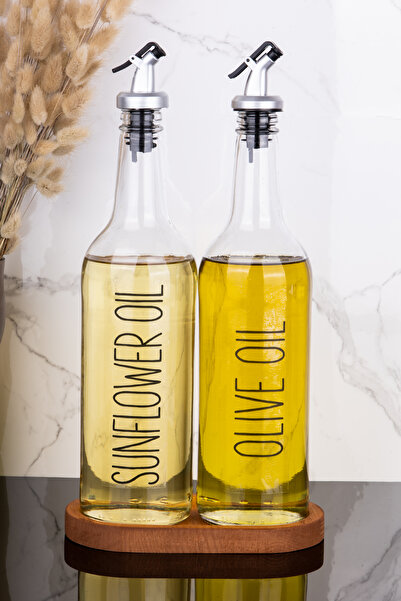 Dolkin Home 2li 750 ml Ahşap Standlı Ayçiçek Yağı ve Zeytinyağı Yağlık Sıvı Yağ Şişesi Gri Tıpalı Cam Yağdanlık