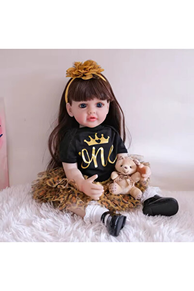 Happystore 55 Cm 22 Inç Gerçekçi Kız Bebek Yumuşak Silikon Uzun Kahverengi Saç Gerçekçi Prenses