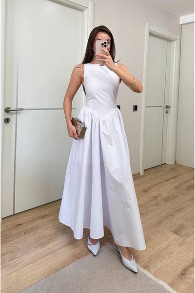 Modayakamoz Μακρύ φόρεμα Zero Sleeve Waist Sitzing Sleeveless - Λευκό