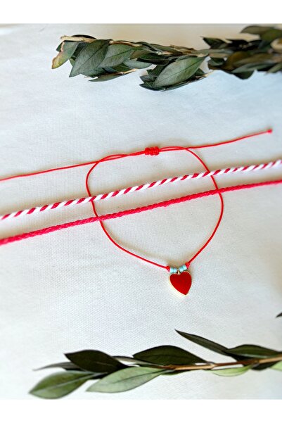 Atölye Merdiven 3lü Set mineli kalp detaylı Kadın Kırmızı Halhal Seti