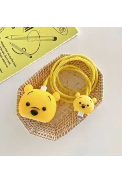 Buççin Iphone Uyumlu Sarı Ayıcık Tasarımlı Şarj Aleti Kılıfı, Şarj Kablo Koruyucu,Şarj Koruyucu Kılıf Seti