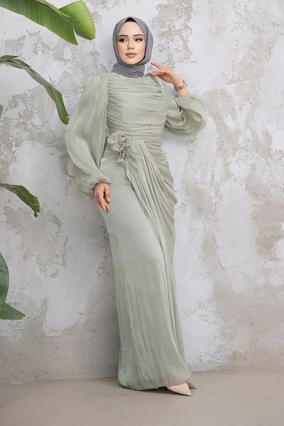 Neva Style Drape Detailed Mint Hijab Evening Dress 51203Mint