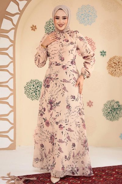 Neva Style Rochie Hijab Biscuit cu Motiv Floral 27960BS
