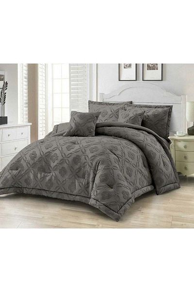 Comfy 6 PC COTTON DARK GREY FLORAL EMBROIDERED COMFORTER SET