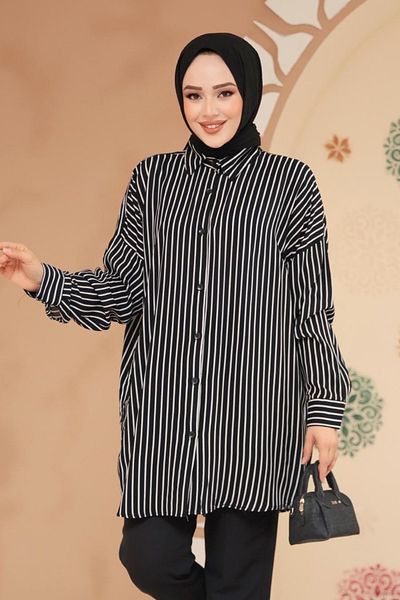 Neva Style Striped Black Hijab Tunic 20417S