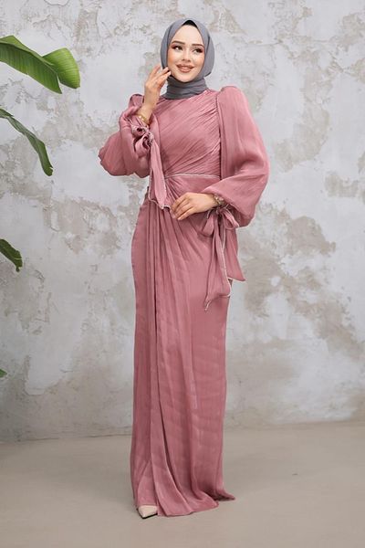 Neva Style Drape Detailed Rose Dried Hijab Evening Dress 50193Gk