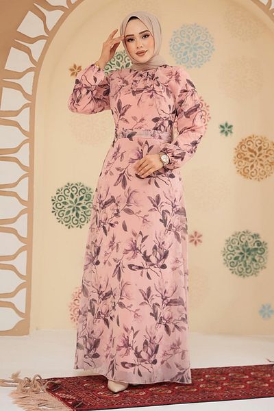 Neva Style Floral Patterned Salmon Hijab Dress 279915 Smn