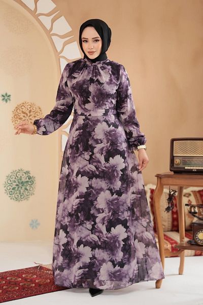 Neva Style Floral Patterned Dark Lilac Hijab Dress 279910 Klila