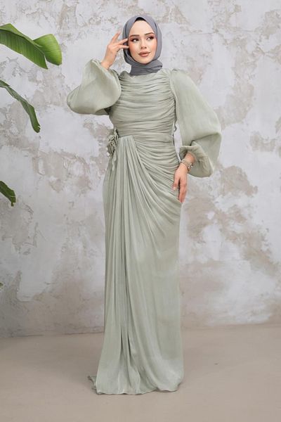 Neva Style Drape Detailed Mint Hijab Evening Dress 51203Mint