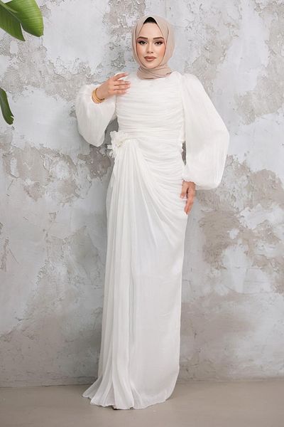 Neva Style Hijab Evening Dress - White Hijab Evening Dress with Drape Detail 51203B