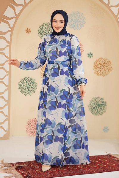Neva Style Floral Patterned Sax Blue Hijab Dress 279901 Sx