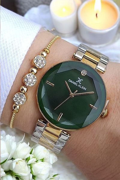 Daniel Klein Cutout Glass Steel Bracelet Gold/Metallic Green Dial Women's Wristwatch - Zircon Stone Bracelet Gift