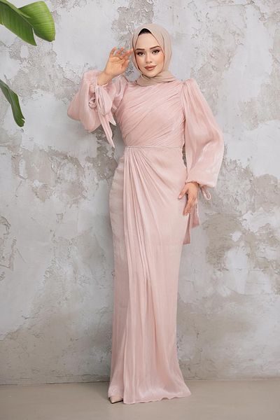 Neva Style Rochie de seară hijab pudră cu detaliu drapat 50193pd