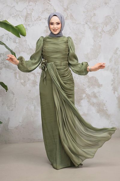 Neva Style Hijab Evening Dress - Khaki Hijab Evening Dress with Drape Detail 51203Hk
