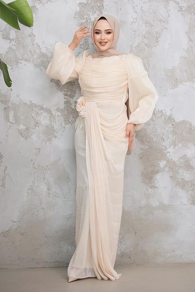 Neva Style Hijab Evening Dress - Beige Hijab Evening Dress with Drape Detail 51203Bej
