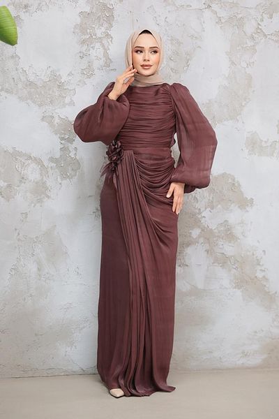Neva Style Drape Detailed Brown Hijab Evening Dress 51203Kh