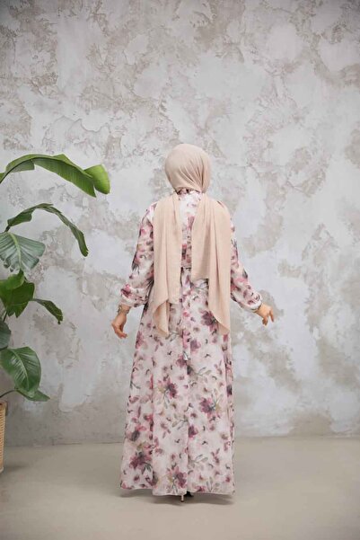 Neva Style Floral Patterned Dusty Rose Hijab Dress 279914 Gk