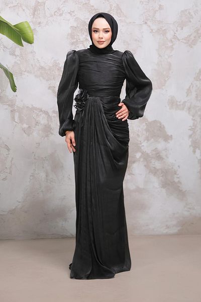 Neva Style Black Hijab Drape Detailed Evening Dress 51203S