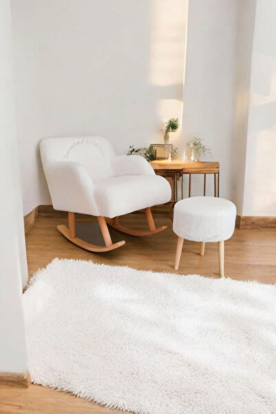 BEYLERBEYİ Sallanan Ahşap Ayaklı , kar beyazı Rengi Berjer Koltuk - Puf Hediyeli