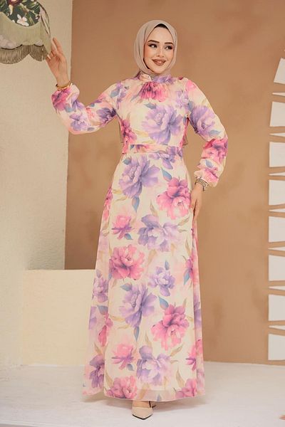 Neva Style Lilac Floral Patterned Hijab Dress 279918