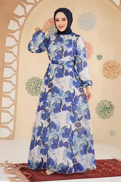 Neva Style Floral Patterned Sax Blue Hijab Dress 279901 Sx