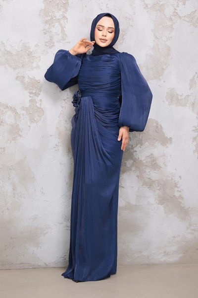 Neva Style Drape Detaylı Lacivert Tesettür Abiye Elbise 51203l