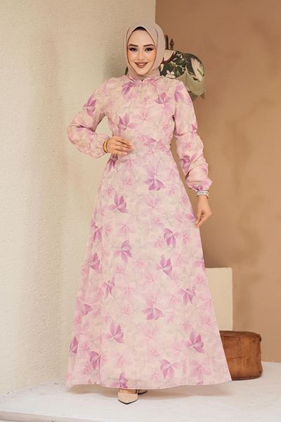 Neva Style Floral Patterned Dusty Rose Hijab Dress 279919 Gk