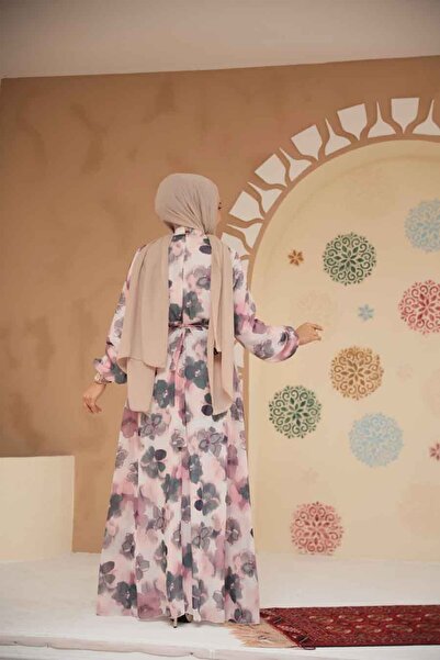 Neva Style Floral Patterned Dusty Rose Hijab Dress 279905 Gk