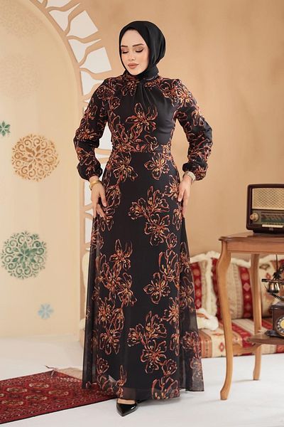 Neva Style Floral Patterned Black Hijab Dress 279911 S
