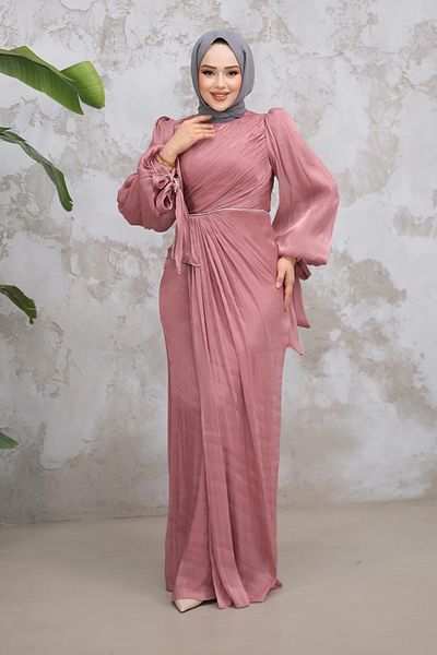 Neva Style Drape Detailed Rose Dried Hijab Evening Dress 50193Gk