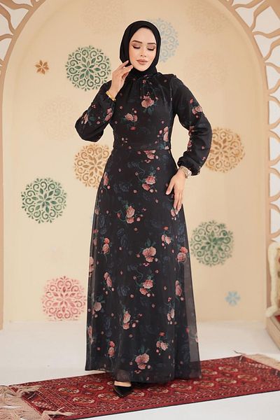 Neva Style Floral Patterned Black Hijab Dress 279908 S