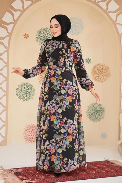 Neva Style Floral Patterned Black Hijab Dress 279902 S