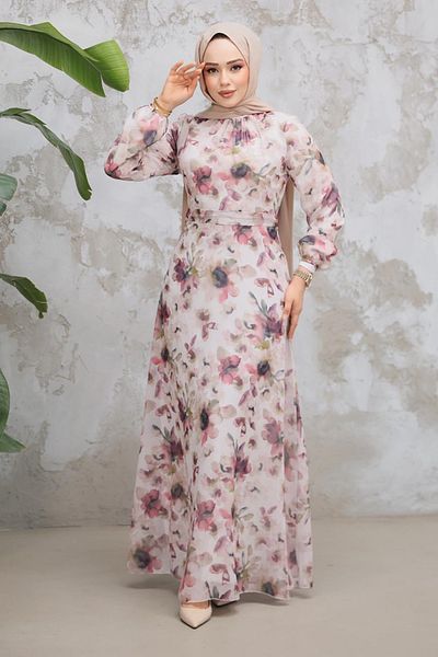 Neva Style Floral Patterned Dusty Rose Hijab Dress 279914 Gk